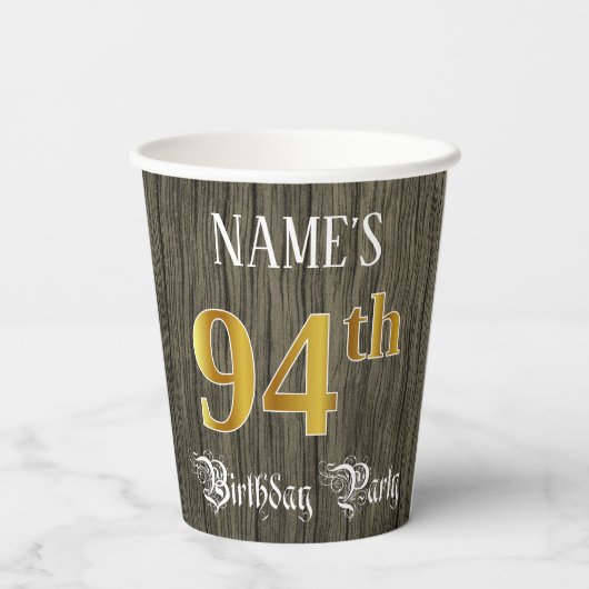 94e verjaardag — Faux Gold & Faux Wood Papieren Bekers (Achterkant)