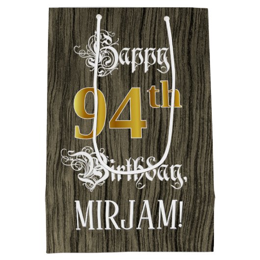 94e verjaardag: Faux Gold look & Faux Wood Pattern Medium Cadeauzakje (Achterkant)