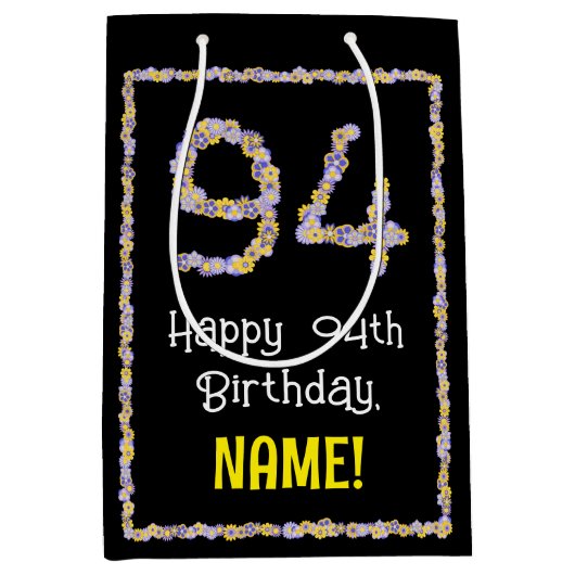 94e verjaardag: Floral Flowers Number, Custom Name Medium Cadeauzakje (Voorkant)