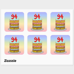 94e verjaardag: Fun Cake and Candles + Custom Name Vierkante Sticker