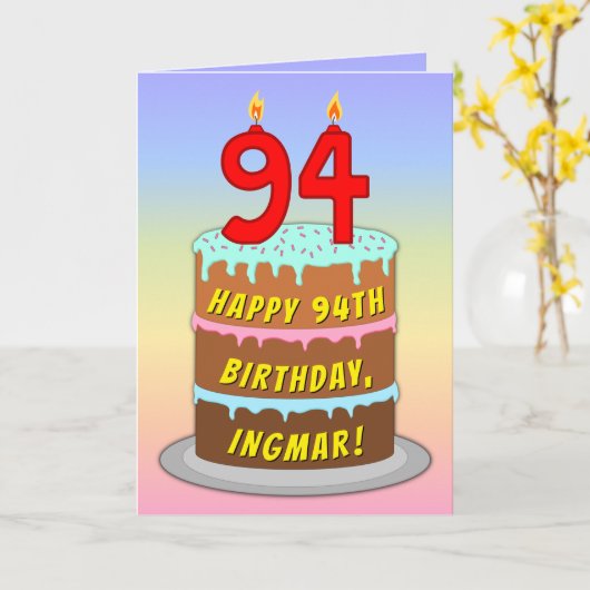 94e verjaardag — Fun Cake & Candles, w/ Eigen naam Kaart (Gele Bloem)