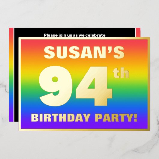 94e verjaardag: Fun, kleurrijk regenboogpatroon Folie Uitnodiging (Voorkant / Achterkant)