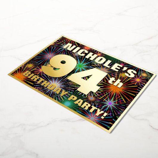 94e verjaardag — Fun, kleurrijke Fireworks look Folie Uitnodiging (Gedraaid)