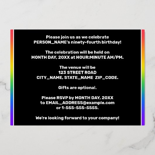 94e verjaardag — Fun, kleurrijke Fireworks look Folie Uitnodiging (Achterkant)