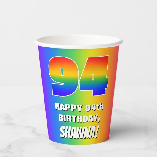 94e verjaardag: kleurrijk, vun regenboogpatroon #  papieren bekers (Achterkant)