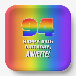 94e verjaardag: Kleurrijk, vun regenboogpatroon # Papieren Bordje