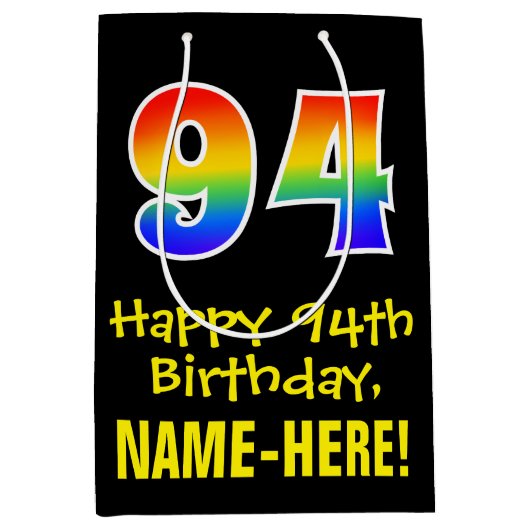 94e verjaardag: Leuk, Vet, Kleurrijk, Regenboog "9 Medium Cadeauzakje (Voorkant)