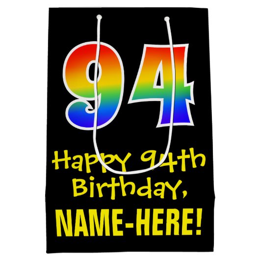 94e verjaardag: Leuk, Vet, Kleurrijk, Regenboog "9 Medium Cadeauzakje (Achterkant)