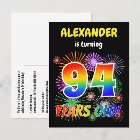 94e verjaardag - Leuk vuurwerk, Regenboog look "94 Briefkaart (Voorkant / Achterkant)