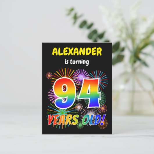 94e verjaardag - Leuk vuurwerk, Regenboog look "94 Briefkaart (Staand voorkant)