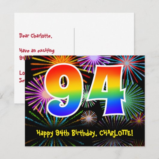 94e verjaardag - Leuk vuurwerkpatroon + Regenboog  Briefkaart (Voorkant / Achterkant)