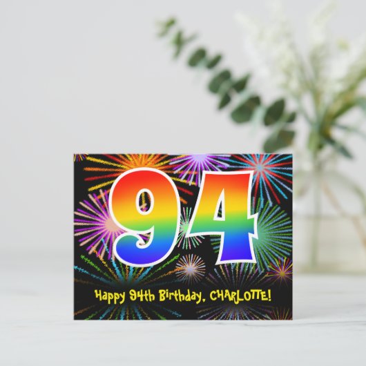 94e verjaardag - Leuk vuurwerkpatroon + Regenboog  Briefkaart (Staand voorkant)