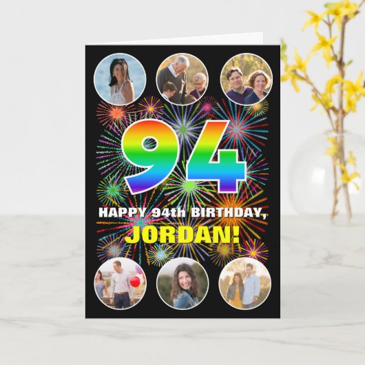 94e verjaardag: Leuke regenboog #, Aangepaste naam Kaart (Gele Bloem)