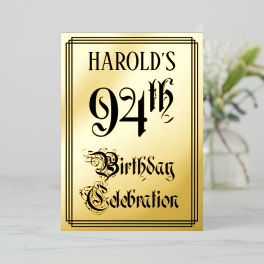 94e verjaardag Partij — Legant Manuscript + de Naa Folie Uitnodiging (Staand Voorkant)