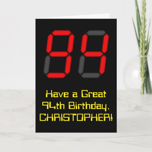 94e verjaardag: Red Digital Clock Style "94" + naa Kaart (Voorkant)