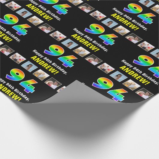 94e verjaardag: Regenboog "94"; Aangepaste foto's  Cadeaupapier (Hoek)