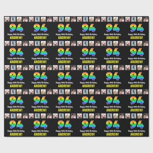 94e verjaardag: Regenboog "94"; Aangepaste foto's  Cadeaupapier (Zoom)