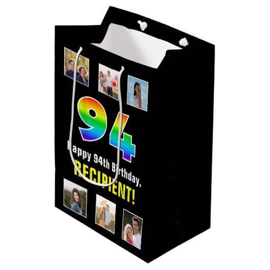 94e verjaardag: Regenboog "94", aangepaste foto's Medium Cadeauzakje (Voorkant Gekanteld)