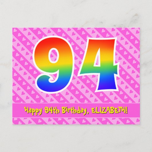 94e verjaardag: Roze strepen & harten, Regenboog 9 Briefkaart (Voorkant)