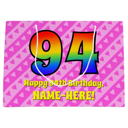 94e verjaardag: roze strips & harten, regenboognr. groot cadeauzakje (Voorkant)