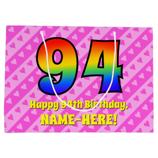 94e verjaardag: roze strips & harten, regenboognr. groot cadeauzakje (Achterkant)
