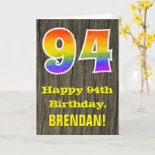 94e verjaardag: Rustieke Faux Wood Look, Regenboog Kaart (Gele Bloem)