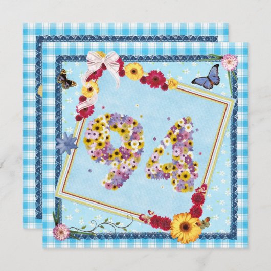 94e verjaardag Uitnodigingsbloemen, vlinders Kaart (Voorkant / Achterkant)