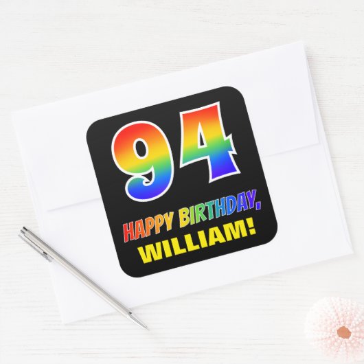 94e verjaardag: Vet, Vun, Eenvoudig, Regenboog 94 Vierkante Sticker (Envelop)