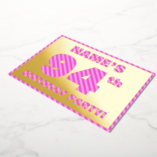 94e verjaardag — Vet, vun, roze band # 94 Folie Uitnodiging (Gedraaid)