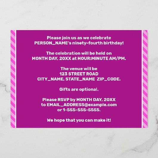 94e verjaardag — Vet, vun, roze band # 94 Folie Uitnodiging (Achterkant)