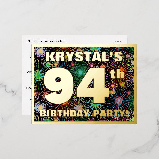 94e verjaardag: Vette, kleurrijke Fireworks-look Folie Uitnodiging Briefkaart (Voorkant / Achterkant)