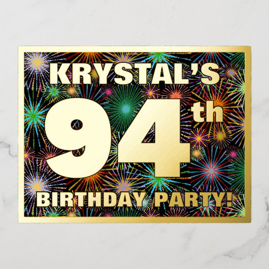 94e verjaardag: Vette, kleurrijke Fireworks-look Folie Uitnodiging Briefkaart (Voorkant)