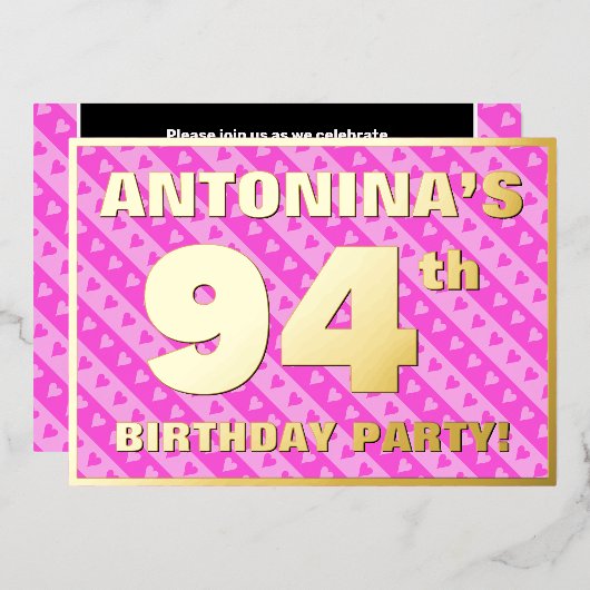 94e verjaardag — vuurroze harten en strips folie uitnodiging (Voorkant / Achterkant)