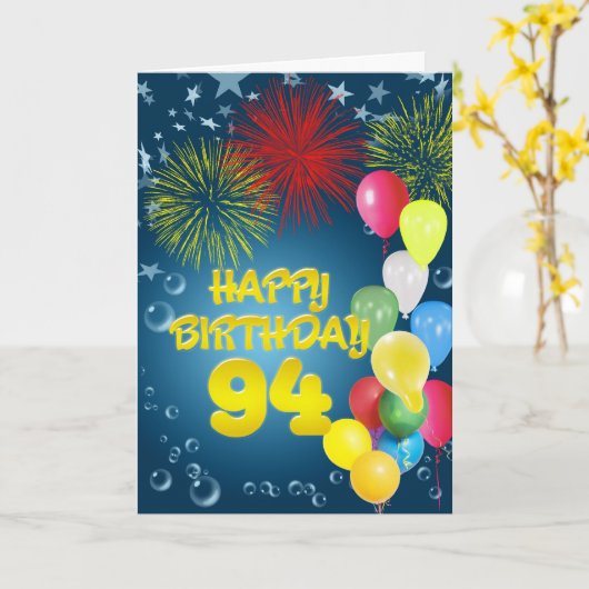 94e verjaardagskaart met vuurwerk en ballonnen kaart (Gele Bloem)