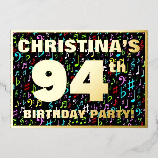 94e verpartij — Leuke, kleurrijke muzieksymbolen Folie Uitnodiging (Voorkant)