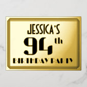 94ste verjaardag: Art Deco Kijk "94" en naam Folie Uitnodiging (Voorkant)