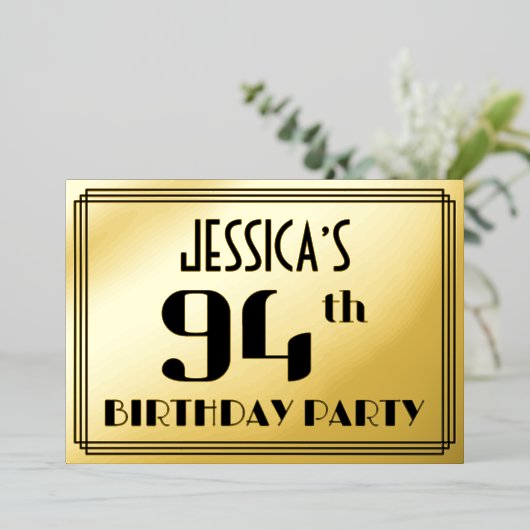 94ste verjaardag: Art Deco Kijk "94" en naam Folie Uitnodiging (Staand Voorkant)