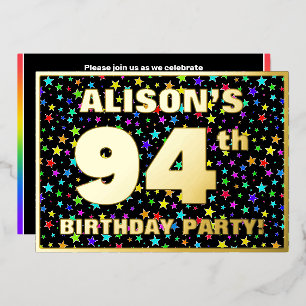 94ste verjaardagsfeest — Leuke, kleurrijke sterren Folie Uitnodiging