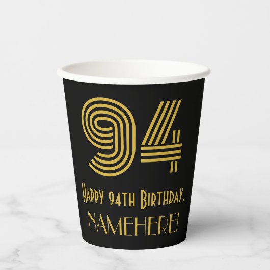 94th Birthday: Art Deco Inspired Look “94” & Name Papieren Bekers (Voorkant)