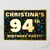94th Birthday Party — Fun, Colorful Music Symbols Folie Uitnodiging (Voorkant)