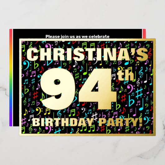 94th Birthday Party — Fun, Colorful Music Symbols Folie Uitnodiging (Voorkant / Achterkant)
