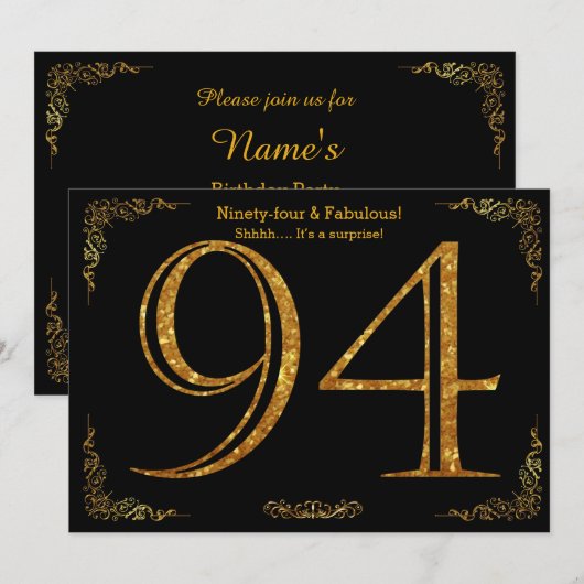 94th Birthday party, Gatsby styl, zwarte goudglitt Kaart (Voorkant / Achterkant)