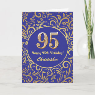 95e Birthday Navy Blue en Gold Floral Pattern Kaart