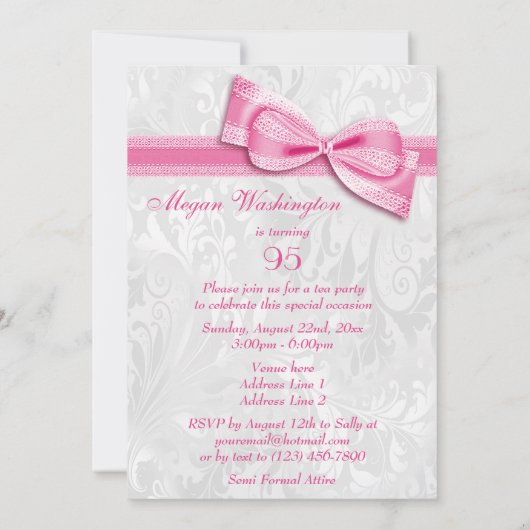 95e Birthday Party Damask and Pink Faux Bow Kaart (Achterkant)