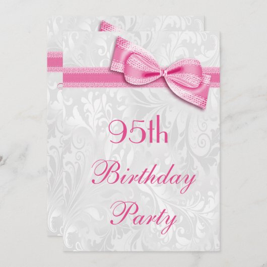 95e Birthday Party Damask and Pink Faux Bow Kaart (Voorkant / Achterkant)