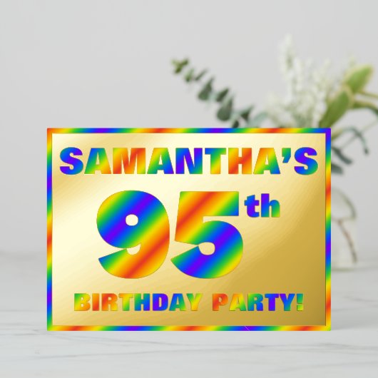 95e Birthday Party - Fun, regenboogspectrum "95" Folie Uitnodiging (Staand Voorkant)