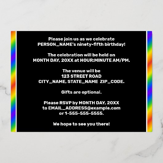 95e Birthday Party - Fun, regenboogspectrum "95" Folie Uitnodiging (Achterkant)