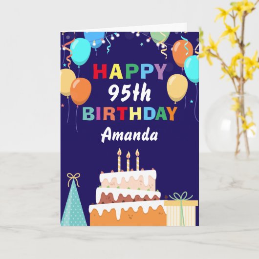 95e Happy Birthday Balloons Cake Navy Blue Kaart (Gele Bloem)