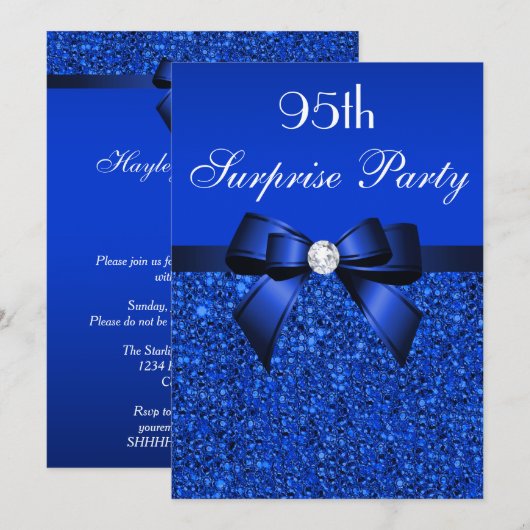 95e Surprise Party Royal Blue Sequins en Bow Kaart (Voorkant / Achterkant)