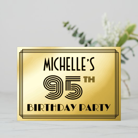 95e verjaardag — Art Deco Style "95" en naam Folie Uitnodiging (Staand Voorkant)